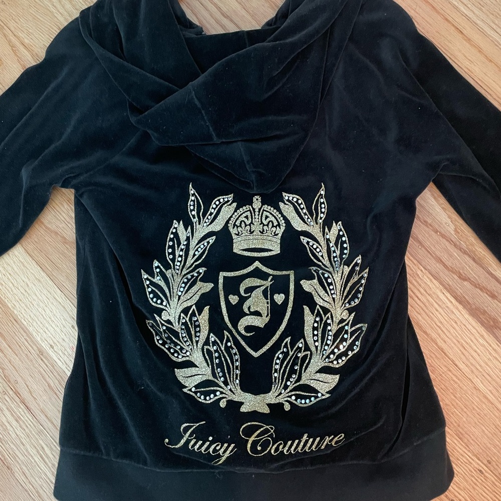 Vintage Black Rhinestone Velour Juicy Couture Hoodie 2000s Y2K Gold Details